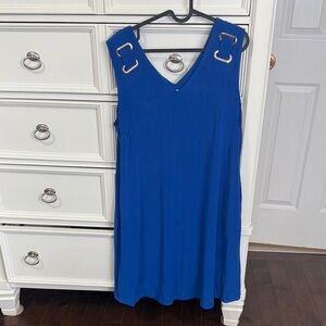 Elegant Blue Sleeveless Dress with Gold Buckle Details